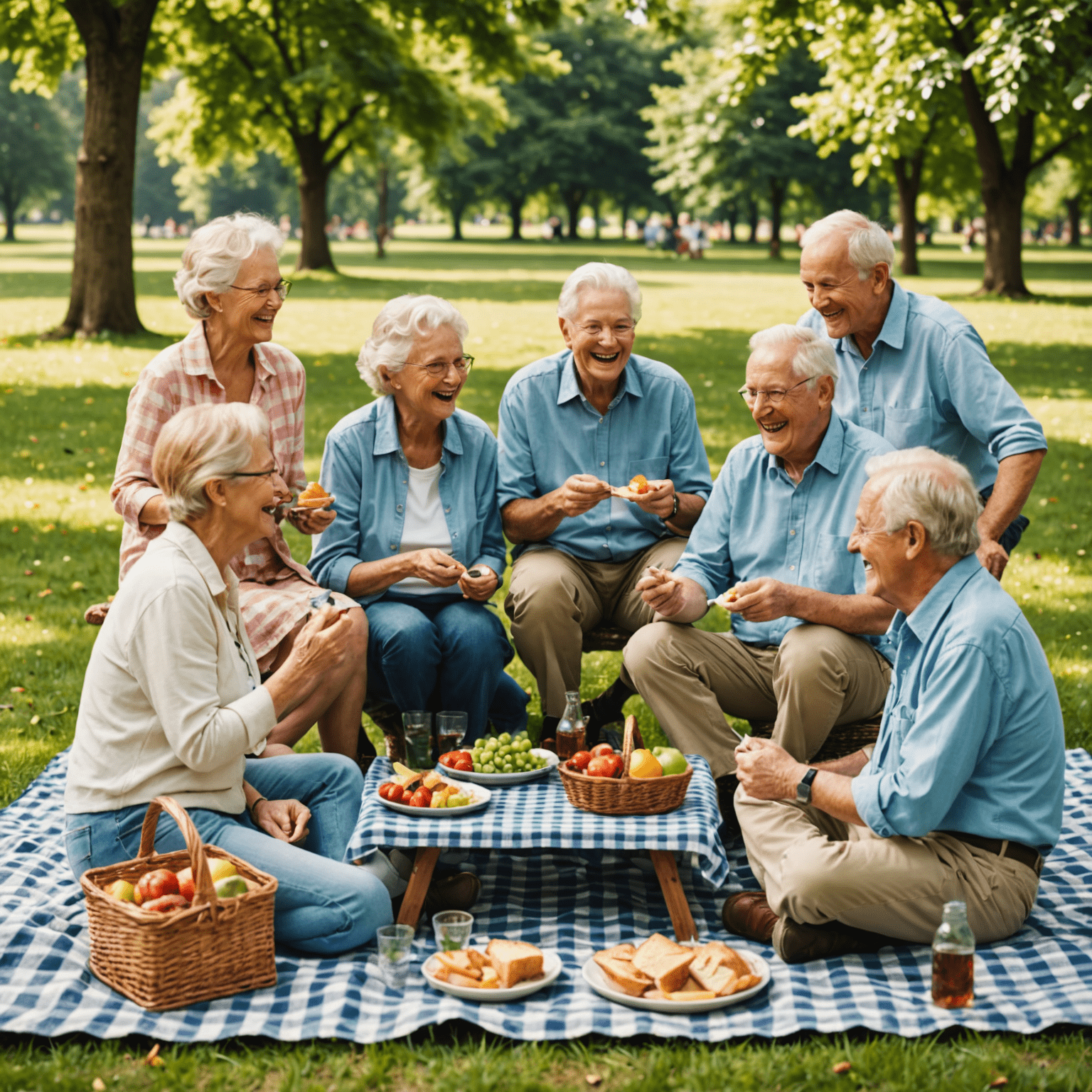 A group of happy seniors enjoying a picnic in a sunny park, laughing and sharing stories. They are surrounded by lush greenery and have a spread of delicious food on a checkered blanket.