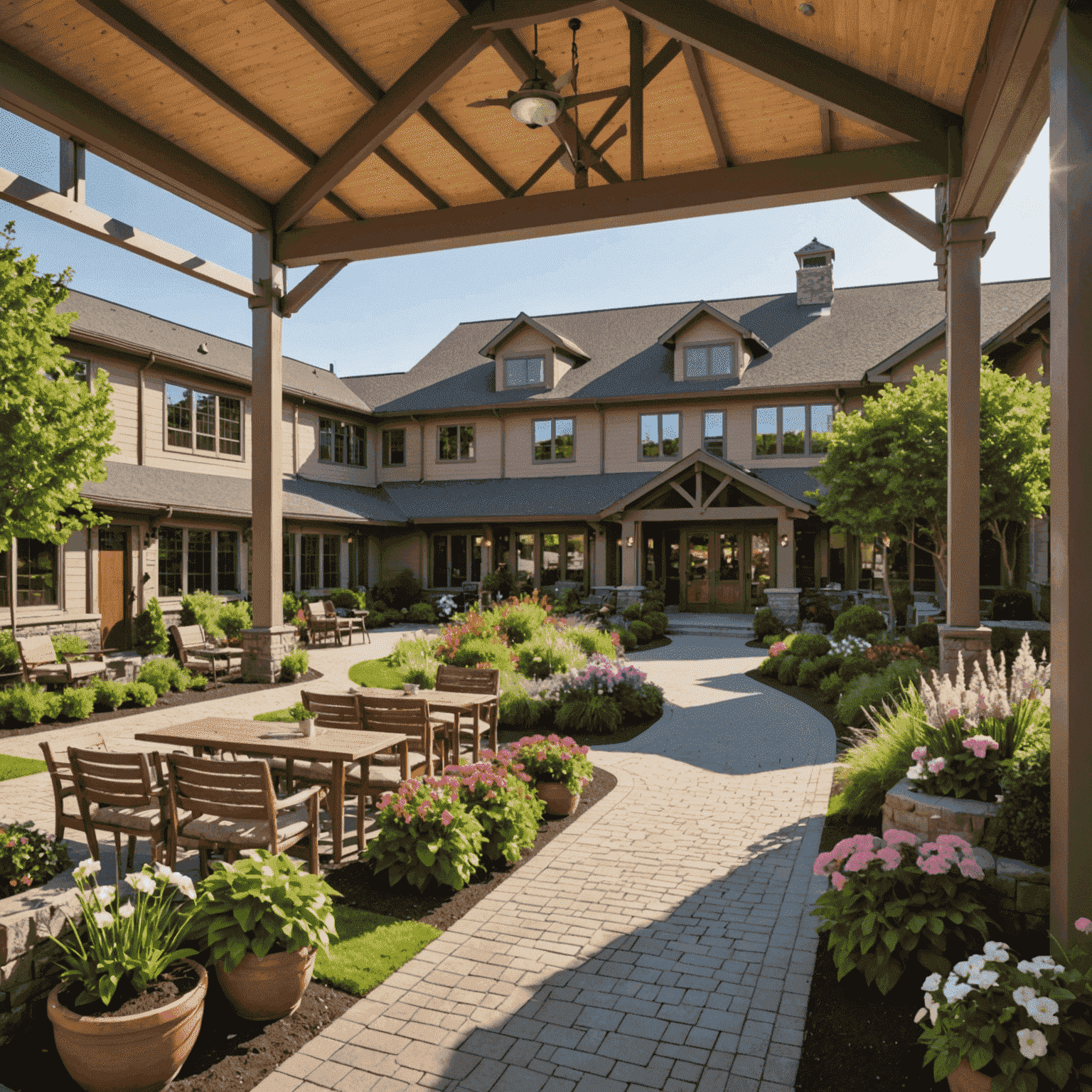 A serene retirement community center surrounded by beautiful gardens, walking paths, and happy seniors engaging in various activities. The building has a warm, inviting facade with large windows and a welcoming entrance.