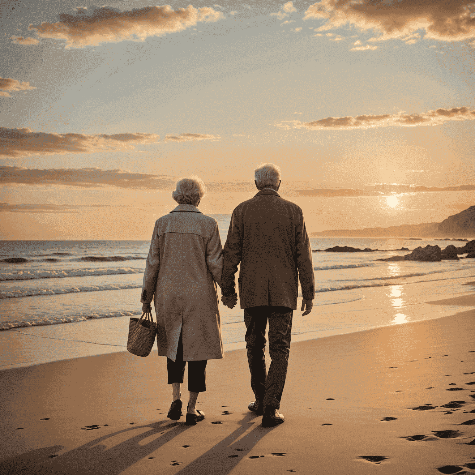 An elderly couple walking hand in hand on a beach at sunset, symbolizing the joyful embrace of retirement