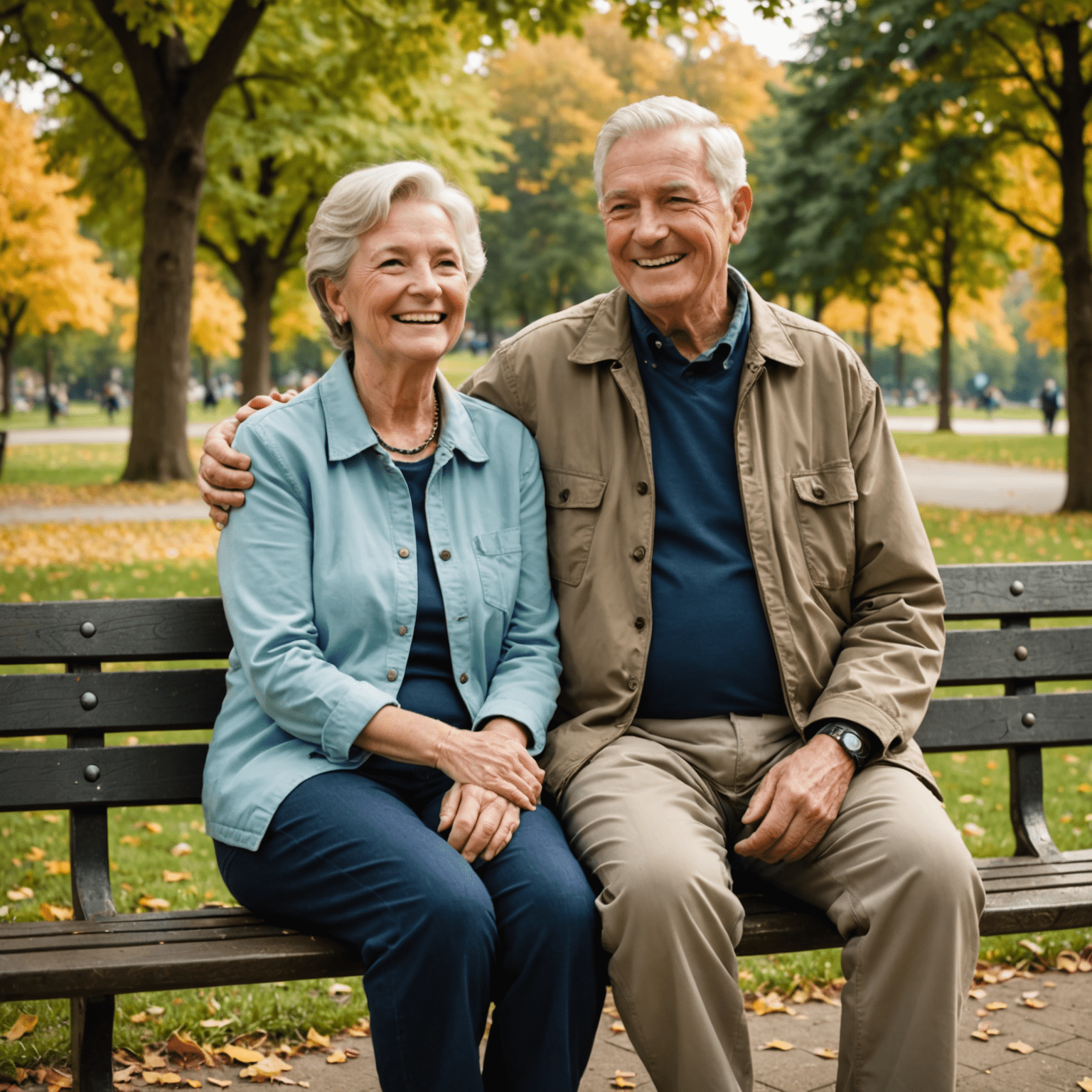 A happy retired couple sitting on a bench in a park, smiling and enjoying their newfound freedom. The image conveys a sense of joy and contentment in retirement.