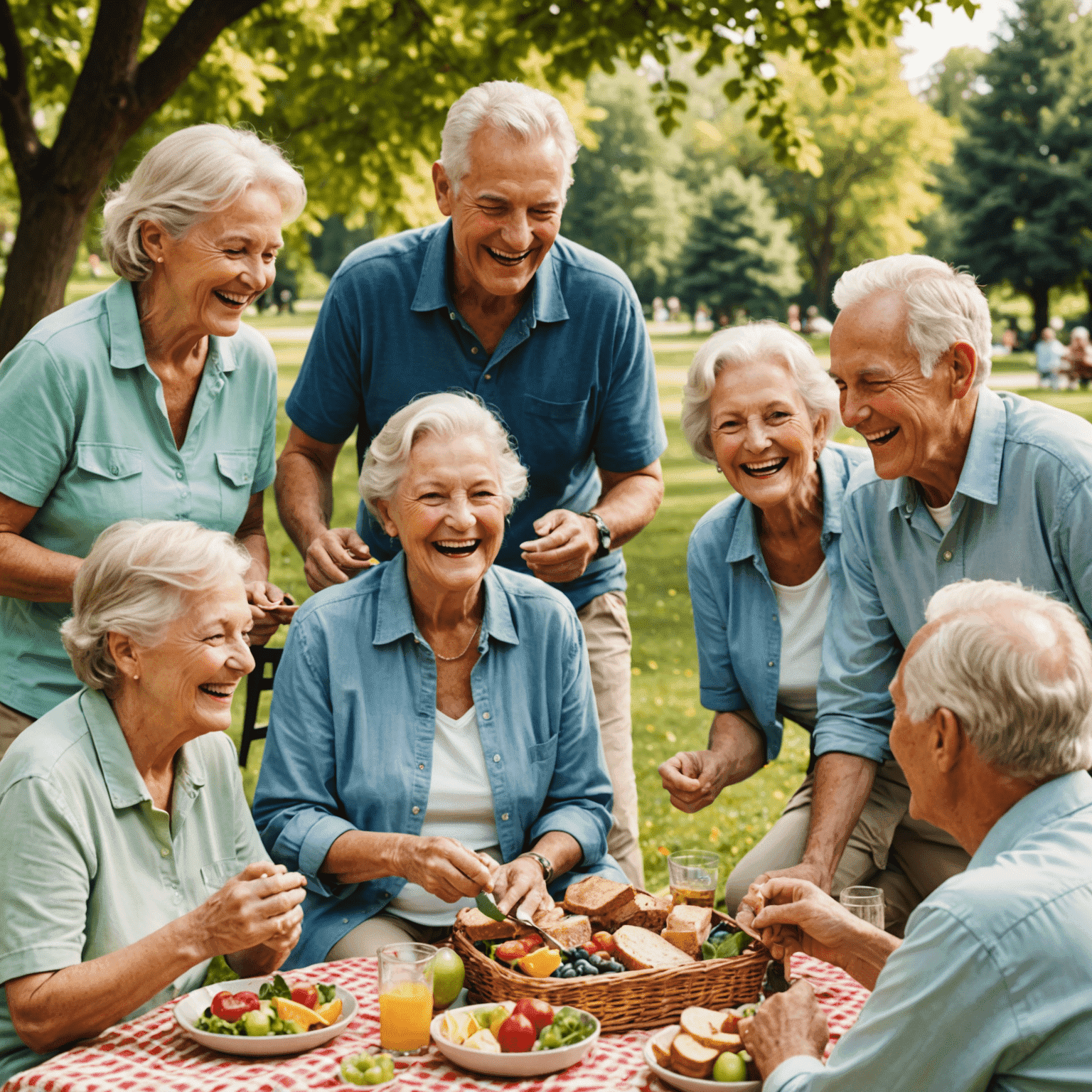 A group of smiling seniors enjoying a picnic in a sunny park, surrounded by lush trees and colorful flowers. They are laughing, sharing food, and playing board games.