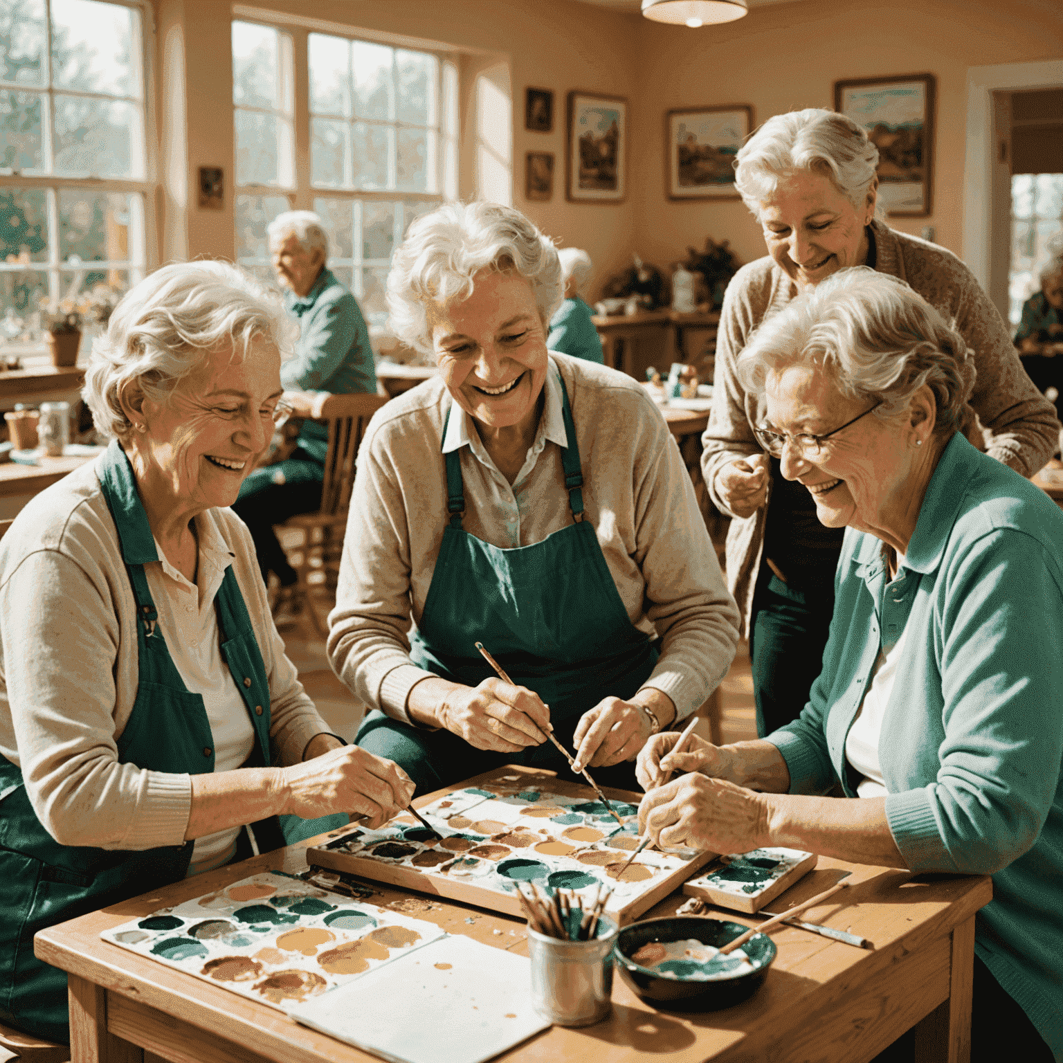 A group of smiling seniors engaged in various hobbies: painting, gardening, and playing musical instruments in a sun-lit community center