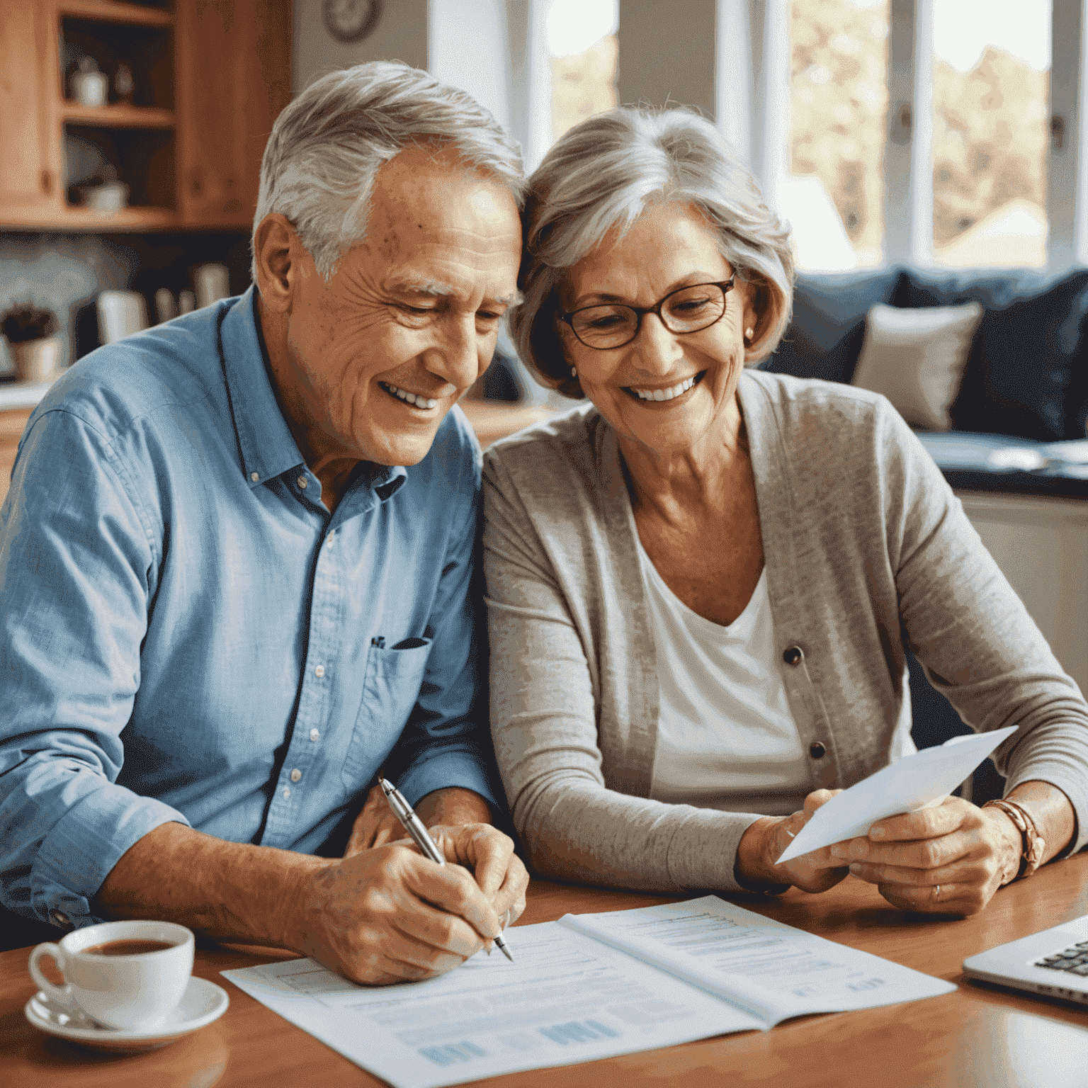 Senior couple reviewing financial documents with a financial advisor, smiling and looking confident about their retirement plans