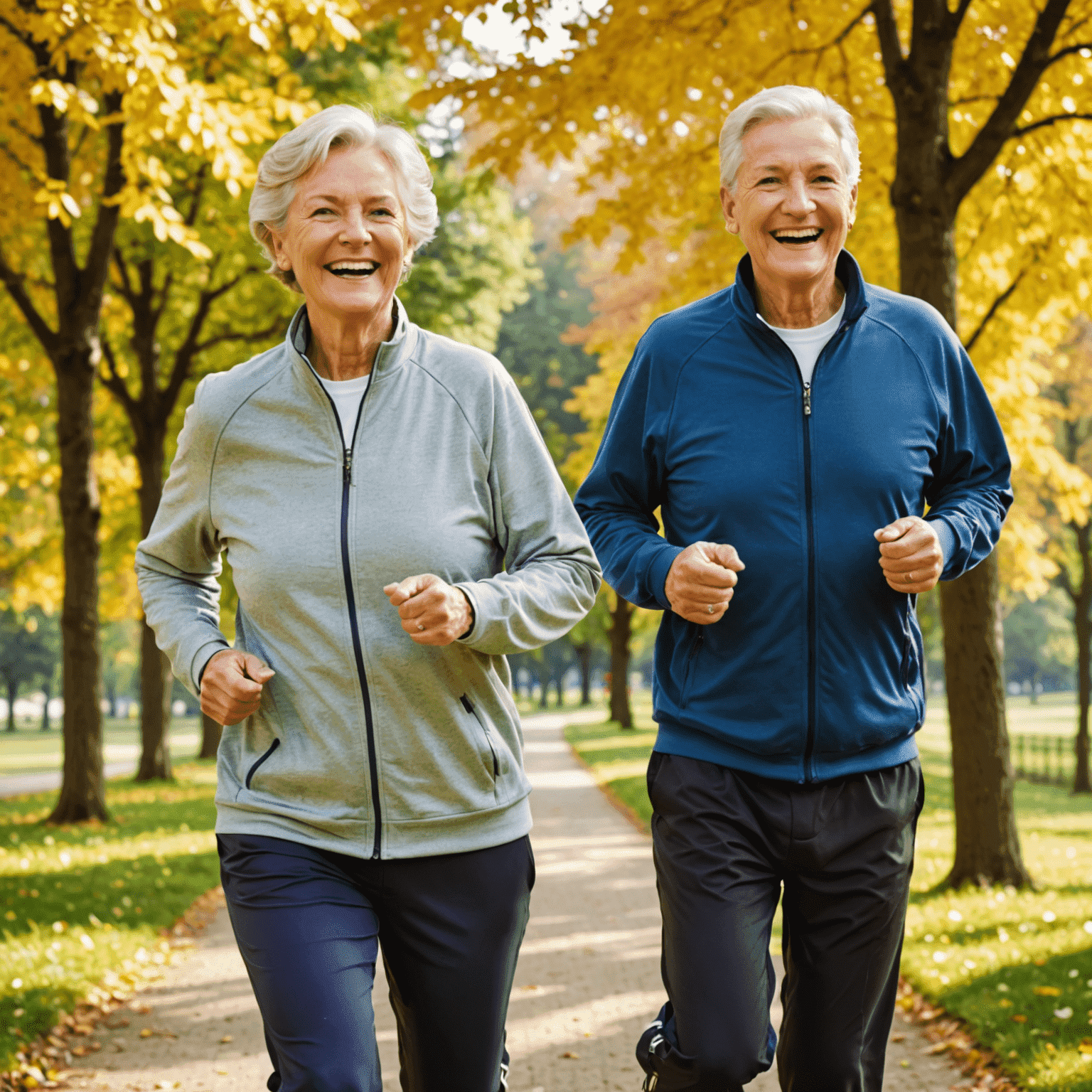 Senior couple jogging in a park, smiling and enjoying their active retirement. The image shows a sunny day with trees and a walking path, representing the joy of staying fit in later years.