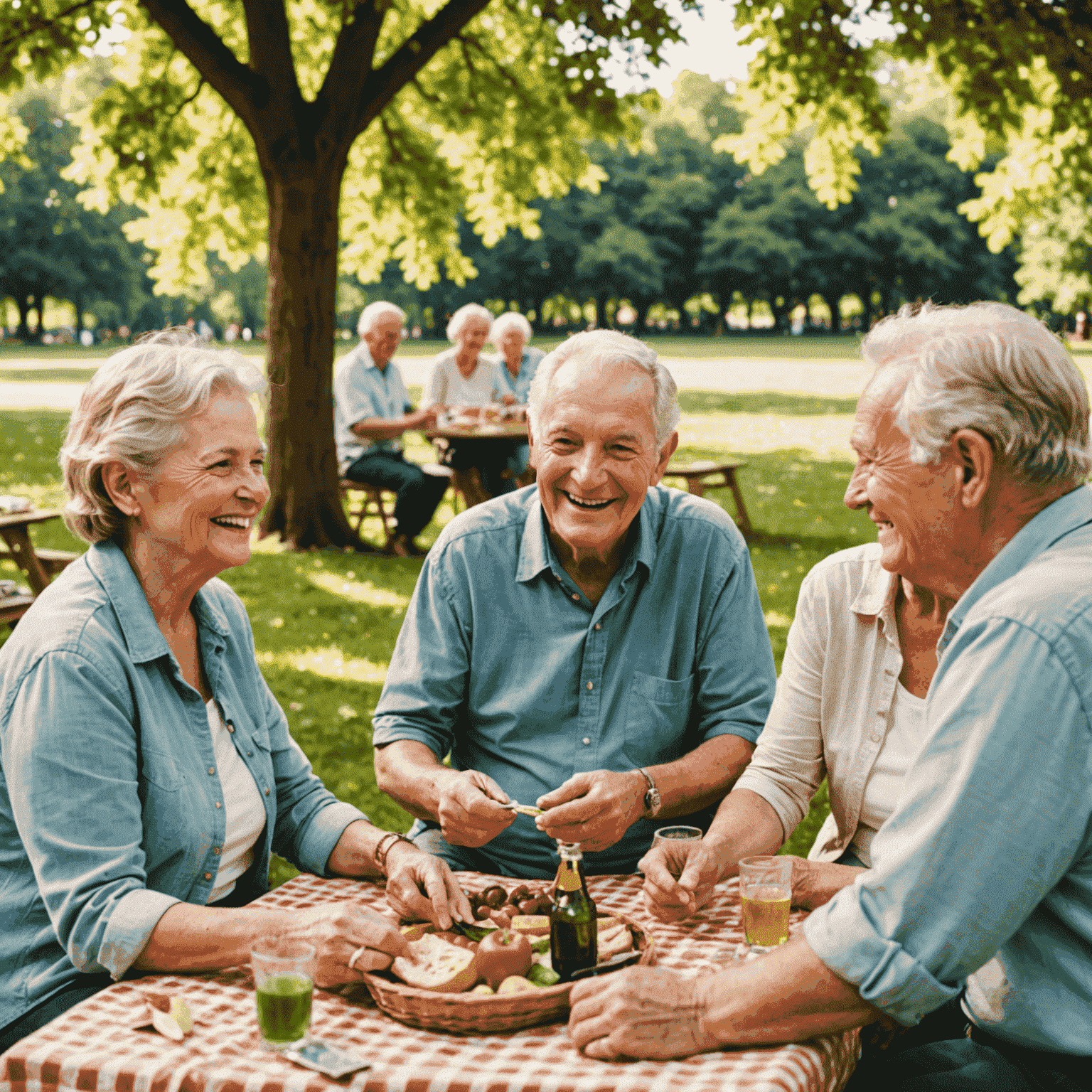 A group of smiling seniors enjoying a picnic in a park, surrounded by lush greenery and warm sunlight. They are engaged in lively conversation, sharing food, and playing board games.