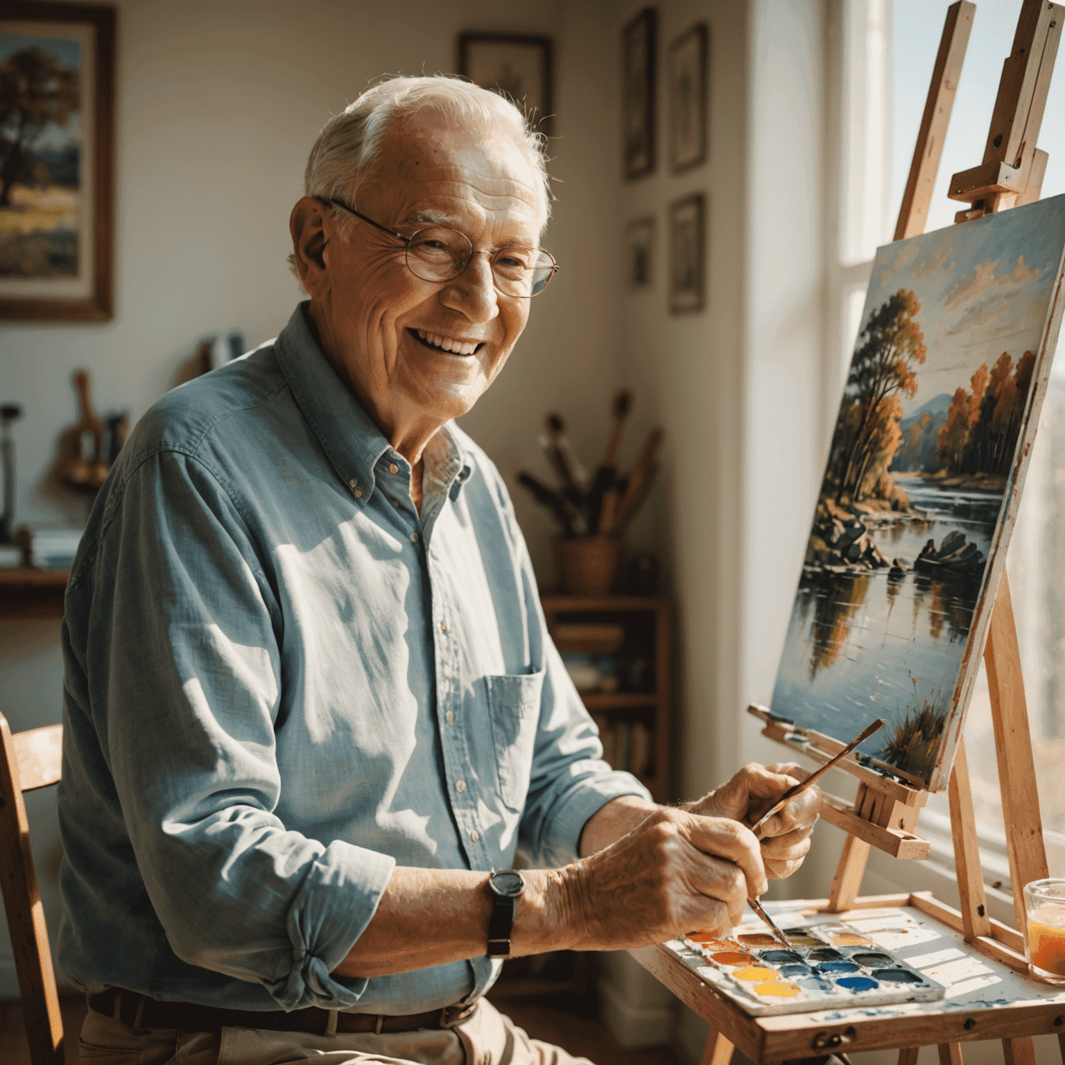 A smiling senior citizen painting on an easel in a sunlit room, representing the joy of rediscovering hobbies in retirement