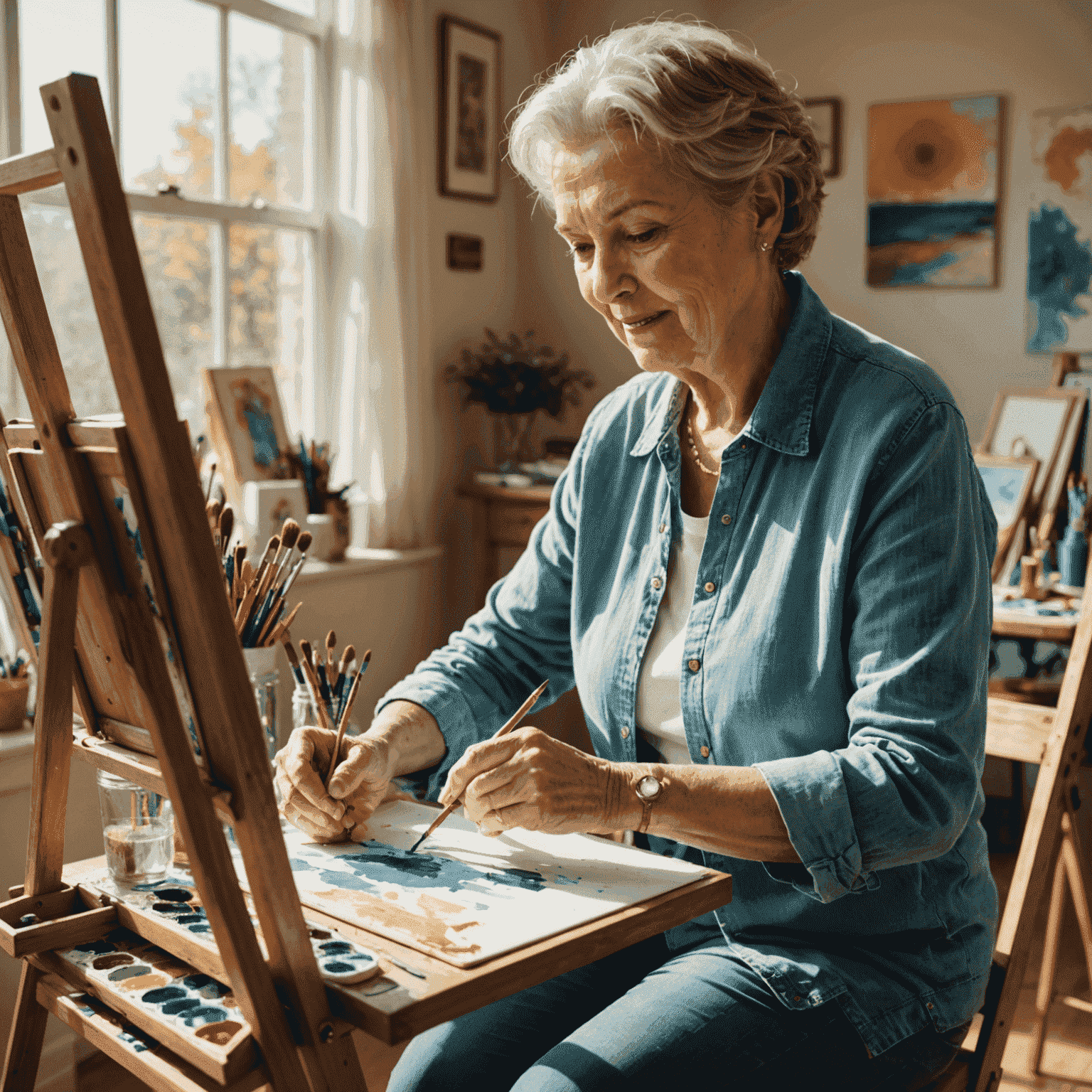 A senior woman painting on an easel in a sunlit room, surrounded by art supplies. The image represents the joy of rediscovering hobbies in retirement.