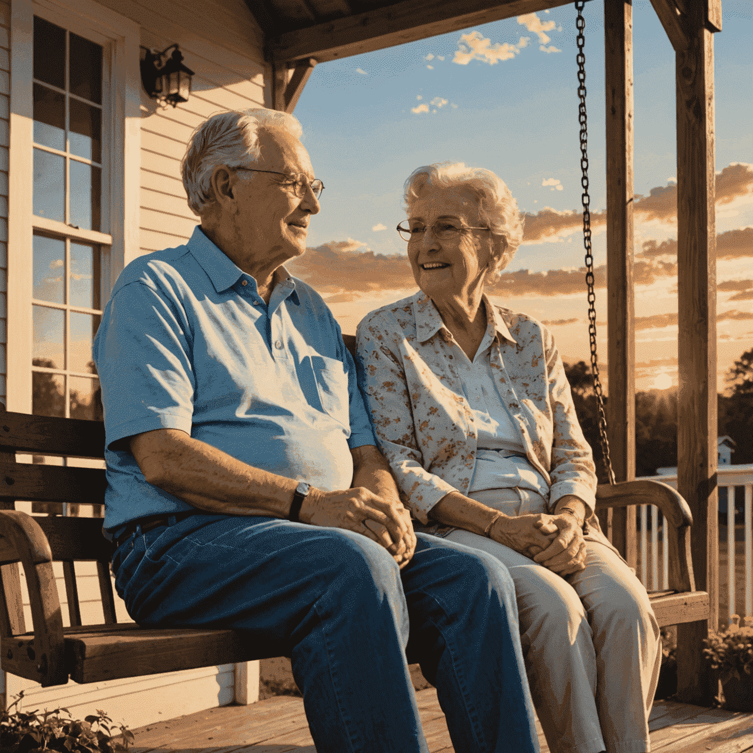 An elderly couple sitting on a porch swing, looking out at a beautiful sunset. They are holding hands and have peaceful, contented expressions on their faces.