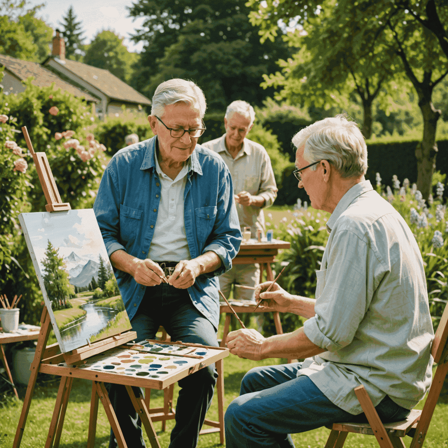 A retired couple learning to paint together in an outdoor art class, surrounded by easels and a beautiful garden landscape