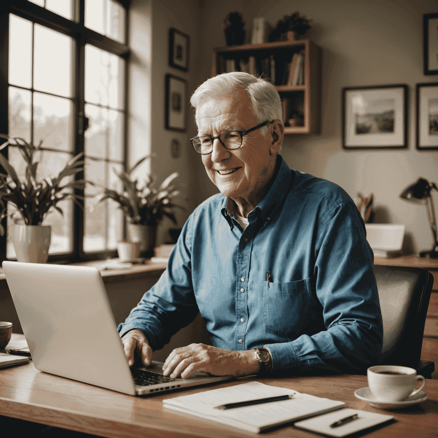 Happy senior working on a laptop in a home office, symbolizing a phased retirement approach