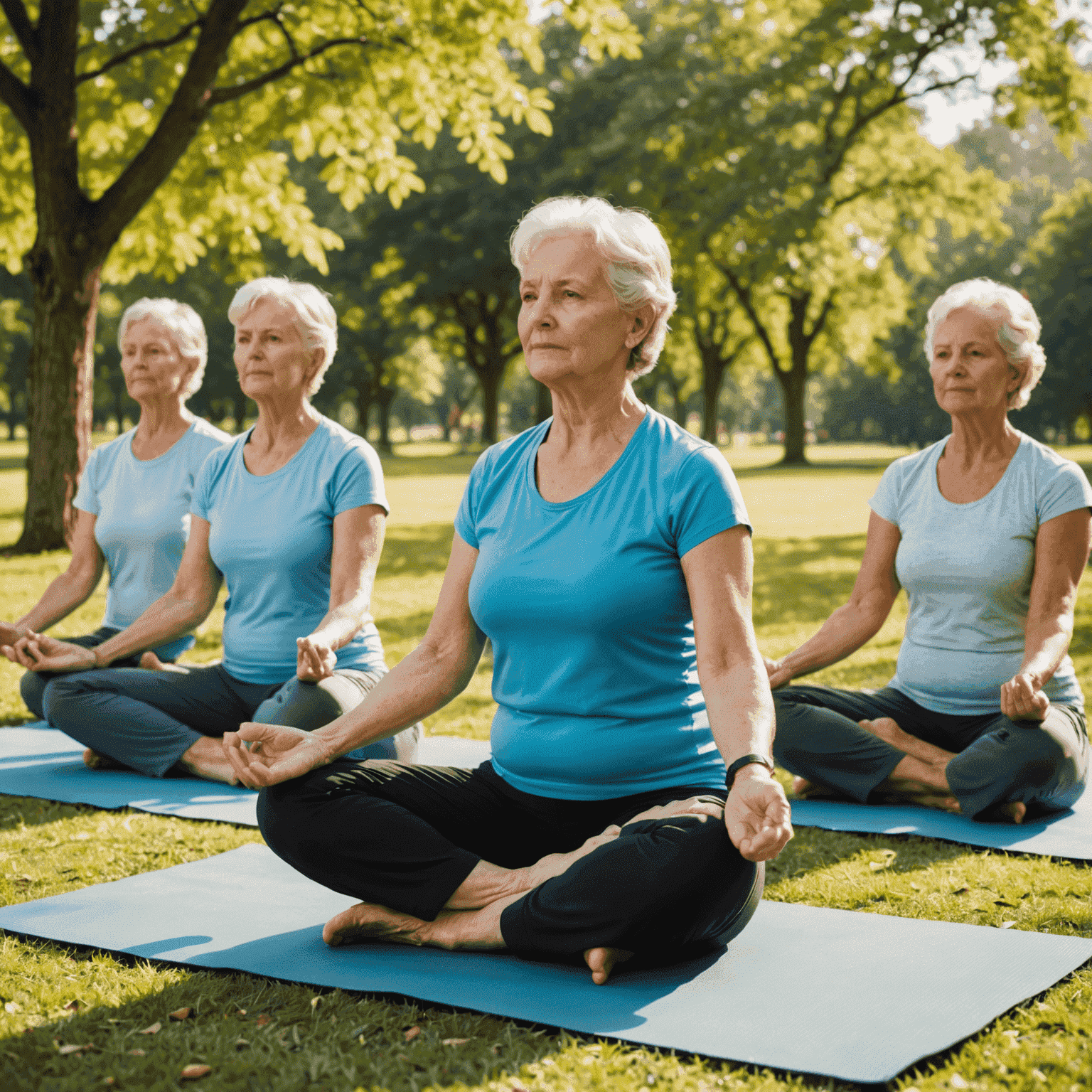 A group of senior citizens participating in a yoga class outdoors. The image shows various yoga poses being performed on mats, with a serene natural background, emphasizing the importance of flexibility and group activities in retirement.