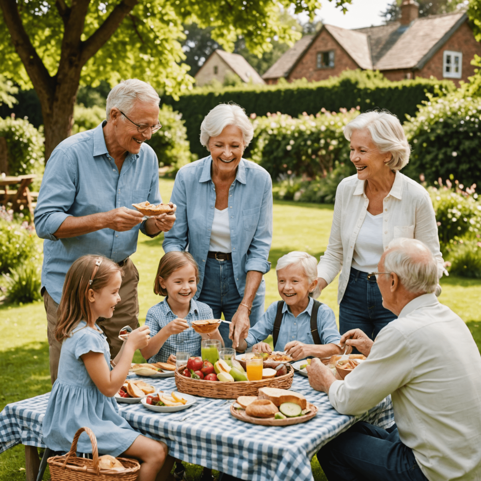 A multi-generational family enjoying a picnic in a beautiful garden. Grandparents are telling stories to attentive grandchildren, while parents prepare food. The scene is filled with laughter and joy.