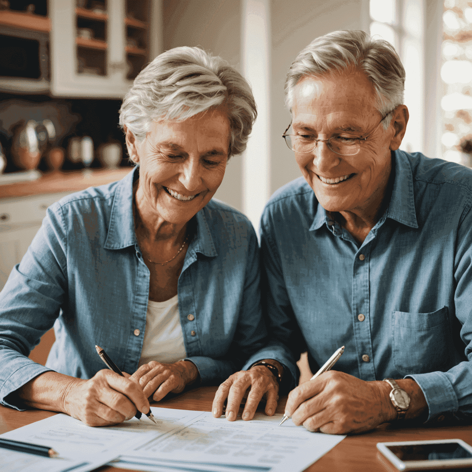 A retired couple reviewing financial documents with a smile, indicating successful management of retirement savings