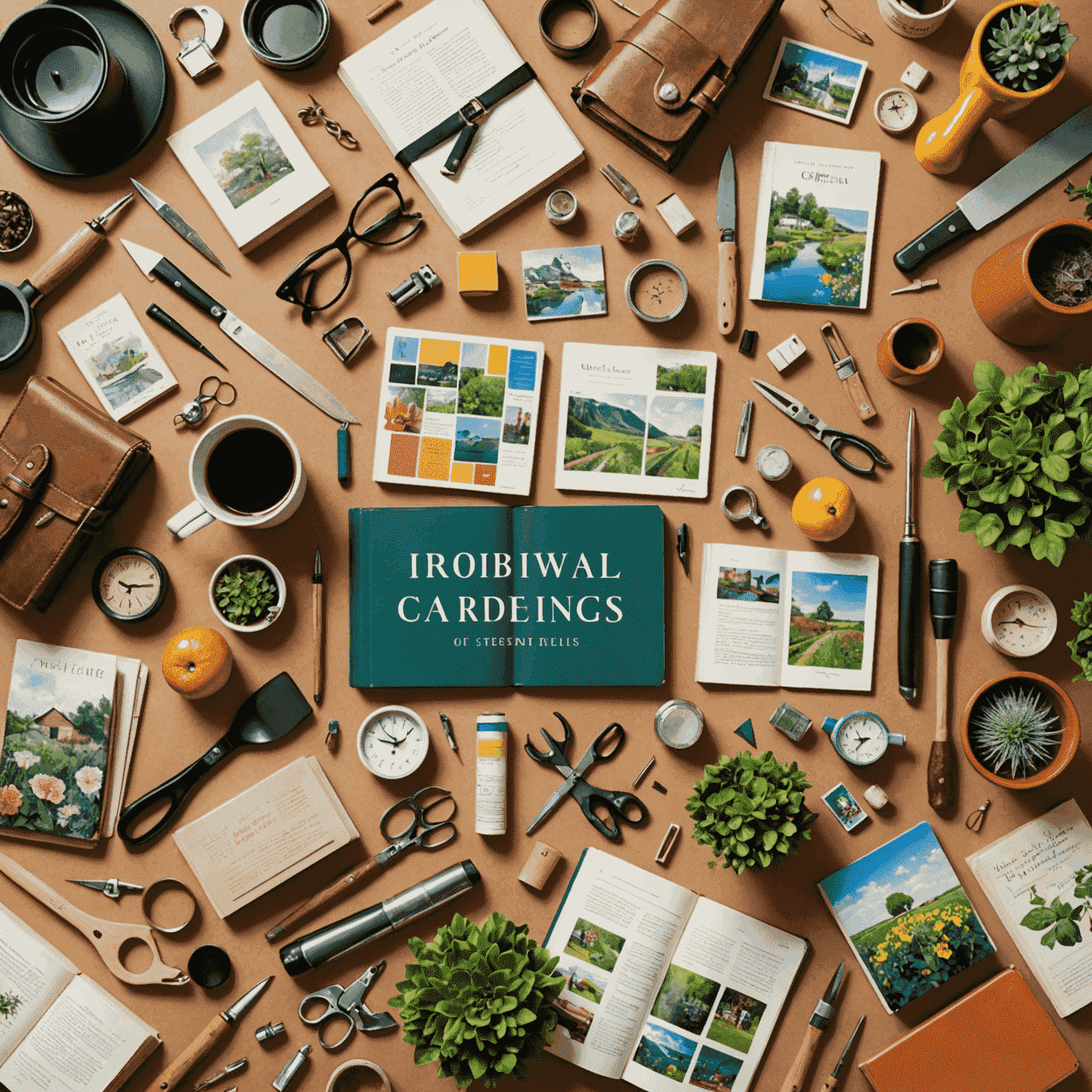 A collage of various hobby items: books, gardening tools, travel souvenirs, and craft supplies, symbolizing the diverse interests retirees can pursue