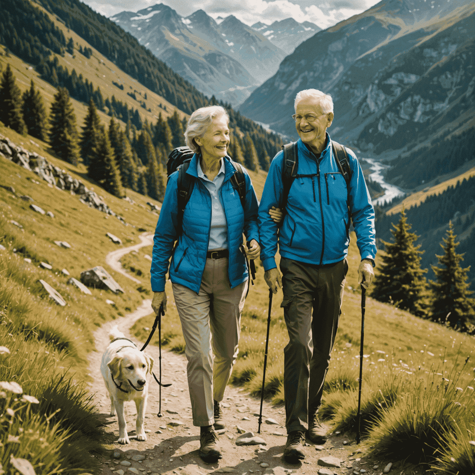 Senior couple enjoying a picturesque hike, representing cost-effective and healthy retirement activities