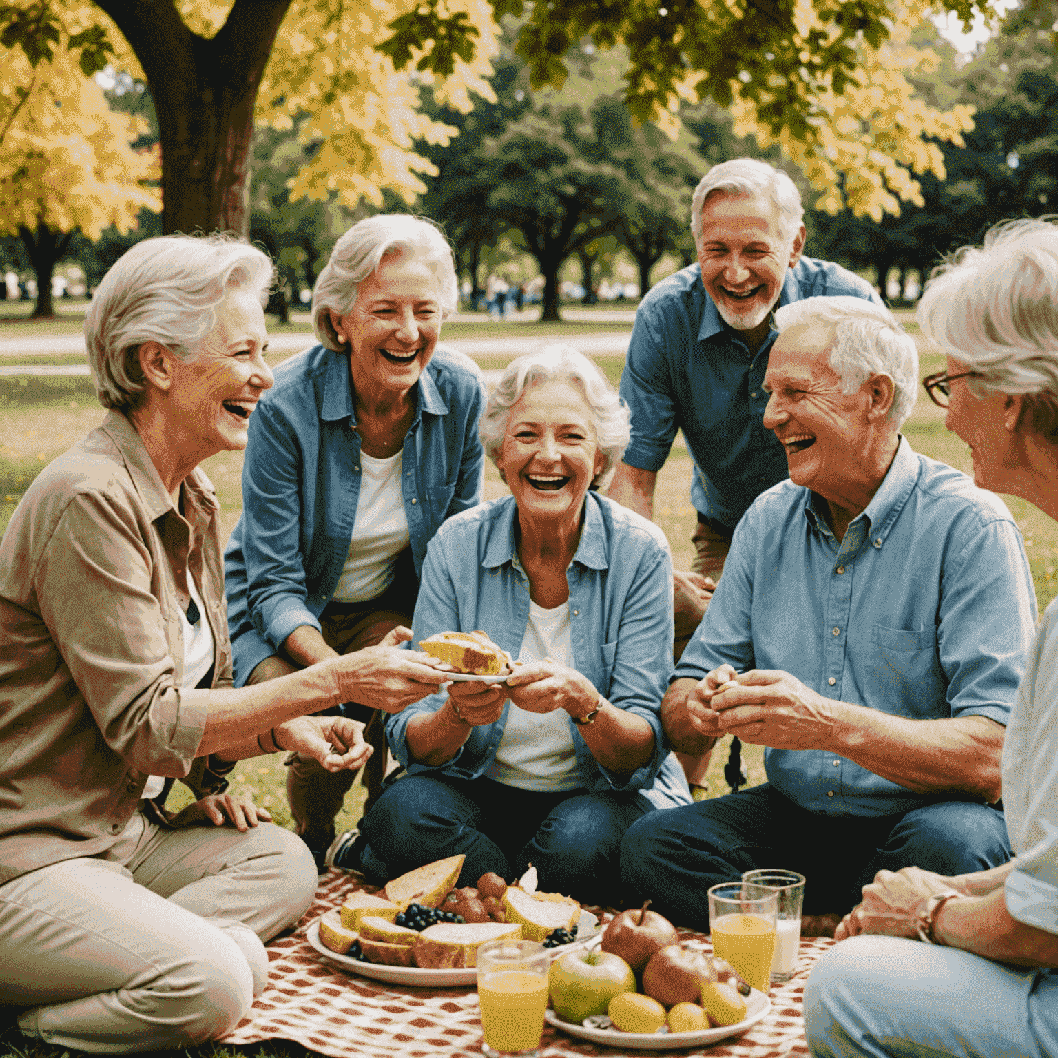 A group of senior friends enjoying a picnic in a park. The image shows laughter, food sharing, and warm interactions, highlighting the importance of social connections in retirement.