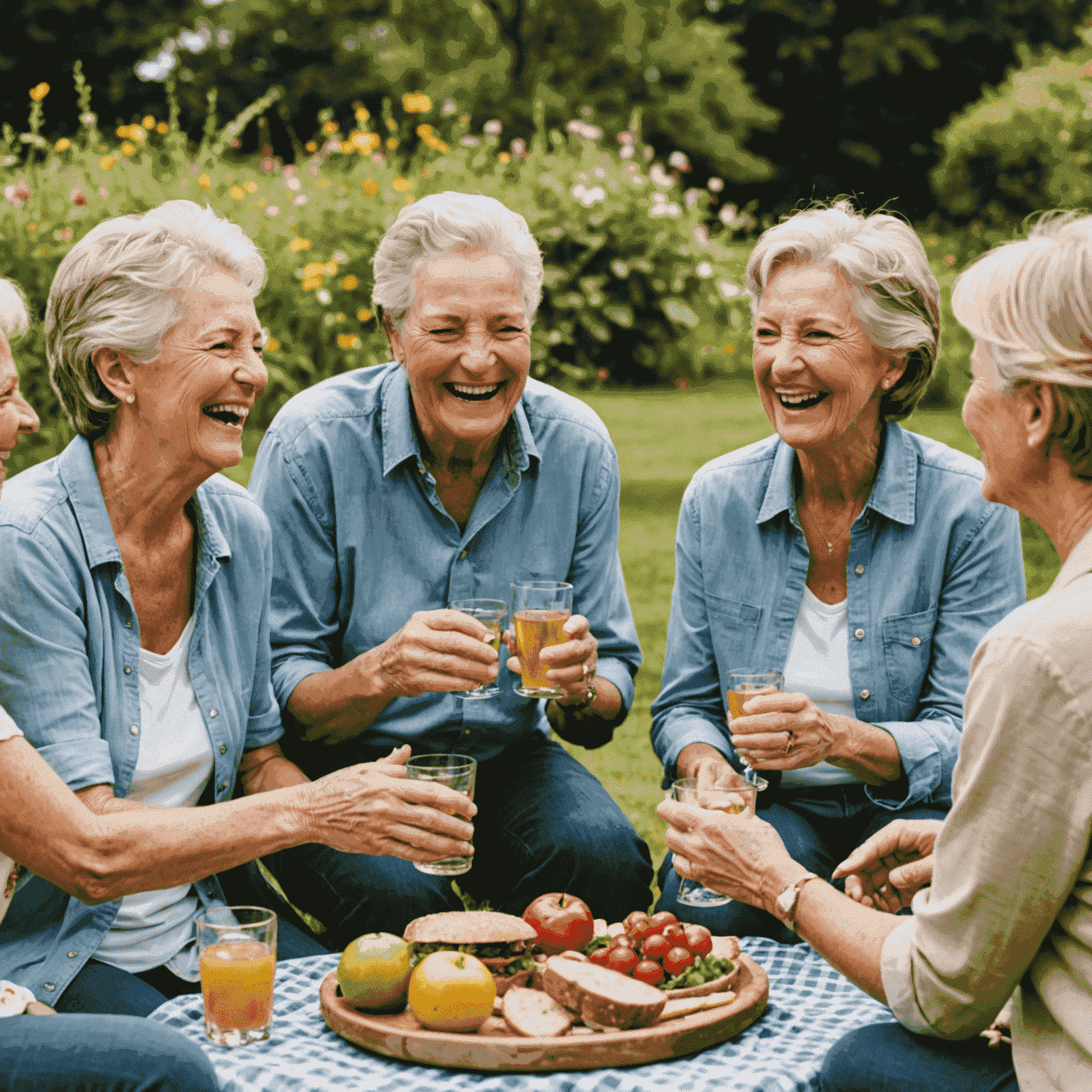 A group of senior friends laughing and enjoying a picnic in a garden, illustrating the joy of building new relationships in retirement.